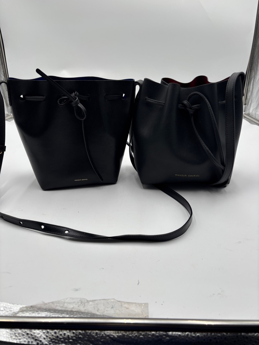 Lot of 2 Mansur Gavriel Black Leather Drawstring Bucket Crossbody